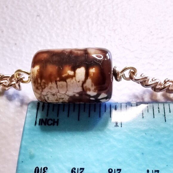 Minimalist Simplistic Elegant: Cream & Brown Fire Agate + Gold Chain Bracelet - Picture 14 of 15